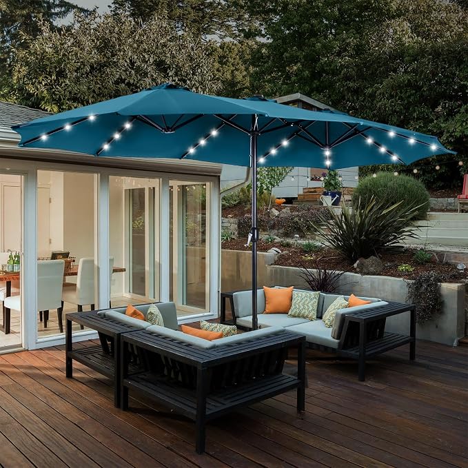 15ft Patio Umbrella with Solar lights & Base, Large Umbrellas, Cerulean | HERA'S PALACE Rectangle Double Market Umbrella with 36 LED Lights, Big Outdoor Umbrellas for Pool Picnic Inground Yard Deck