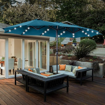 15ft Patio Umbrella with Solar lights & Base, Large Umbrellas, Cerulean | HERA'S PALACE Rectangle Double Market Umbrella with 36 LED Lights, Big Outdoor Umbrellas for Pool Picnic Inground Yard Deck