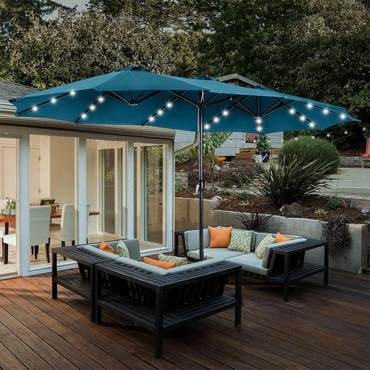 15ft Patio Umbrella with Solar lights & Base, Large Umbrellas, Cerulean | HERA'S PALACE Rectangle Double Market Umbrella with 36 LED Lights, Big Outdoor Umbrellas for Pool Picnic Inground Yard Deck