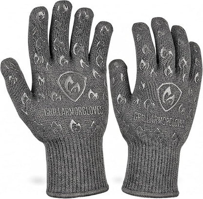 Oven Gloves with Fingers - 932°F Extreme Heat Proof and Cut Resistant Mitts for Kitchen, BBQ, Grill, Baking, Fire Pit - EN407 Certified with Non-Slip Silicone Grip and Cotton Lined for Comfort