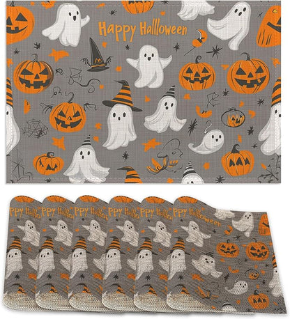 Placemats Set of 6,Pumpking Ghost Table Mats,Halloween Washable Linen Table Mats,Non-Slip Heat Resistant Placemats for Party Kitchen Dining Indoor Outdoor 12"x18"