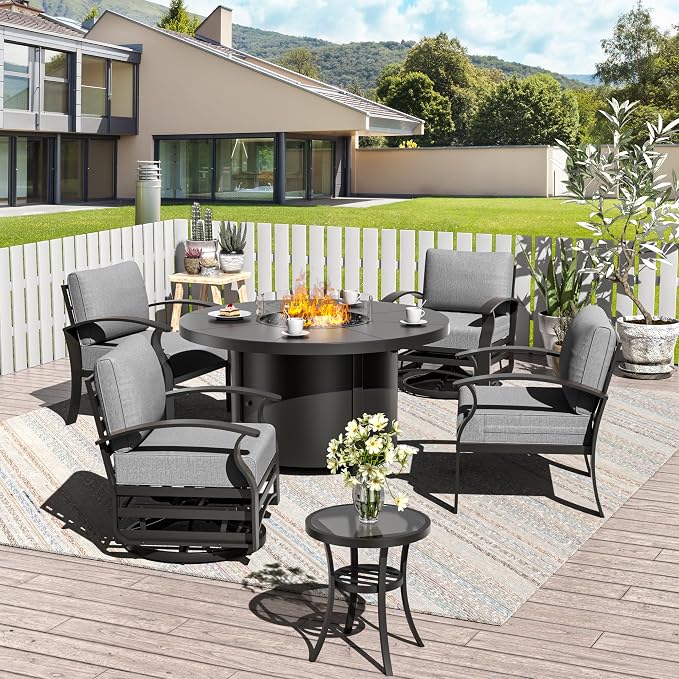 ALAULM Aluminum Patio Furniture Set with Coffee Table Rectangular, 5-seat Outdoor Sectional Furniture w/2 Swivel Chairs, Patio Conversation Set for Porch, Backyard, Poolside-Grey