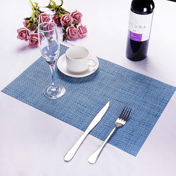 Zupro Placemats Set of 4 for Kitchen Dining Table Washable Braided Table Mats Heat-Resistant Placemats Non-Slip Woven PVC Vinyl Place Mats for Everyday use or Holidays Dinner BBQs 18"x12" (Hemp Blue)