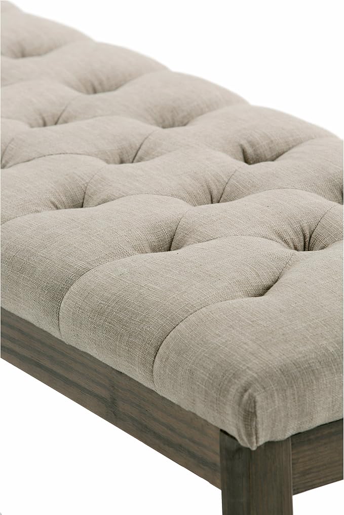 SIMPLIHOME Waverly 48" Wide Linen Look Rectangle Ottoman in Natural | Natural linen look, traditional tufted ottoman bench with carved legs; perfect footstool or footrest for bedroom or entryway.