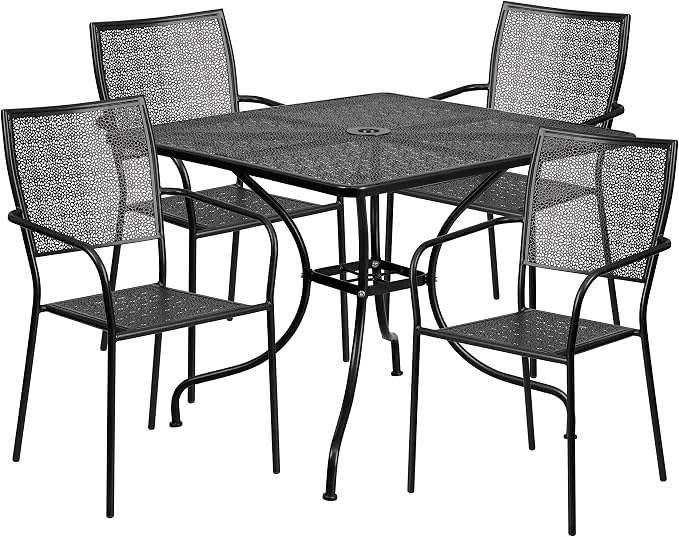 Flash Furniture Oia Commercial Grade 35.5" Square Black Indoor-Outdoor Steel Patio Table Set with 4 Square Back Chairs