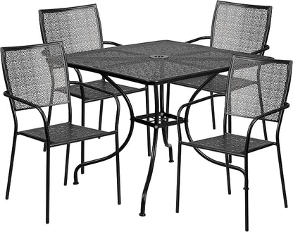 Flash Furniture Oia Commercial Grade 35.5" Square Black Indoor-Outdoor Steel Patio Table Set with 4 Square Back Chairs