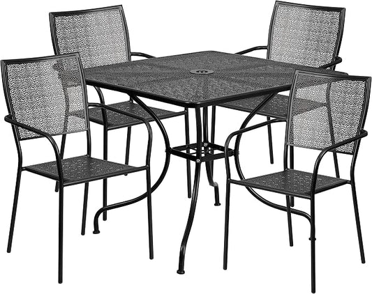 Flash Furniture Oia Commercial Grade 35.5" Square Black Indoor-Outdoor Steel Patio Table Set with 4 Square Back Chairs
