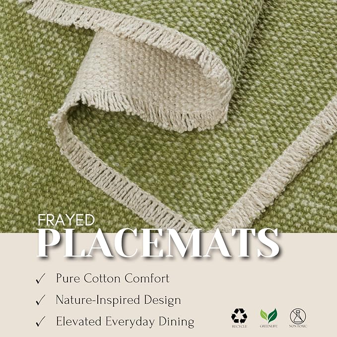 Hausattire Cotton Frayed Placemats Set of 4 Dining Table 14x14 Inch | Rustic Vintage Boho Washable Spring Easter Placemat for Outdoor Parties BBQ's Wedding, Holiday Nubby Cotton - Green
