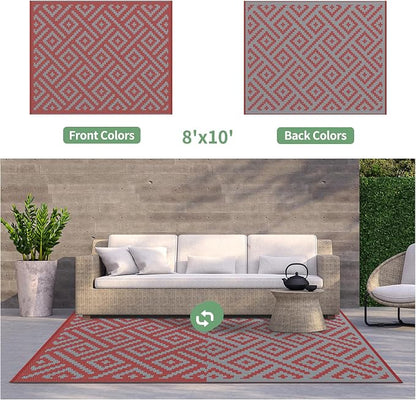 GENIMO Outdoor Rug, Waterproof Plastic Rugs for Patio, 8'x10' Red Grey | Outside Larger Modern Carpet Mat for Porch Decor, Deck, Balcony, Camping, RV, Backyard, Picnic, Beach, Reversible, Foldable