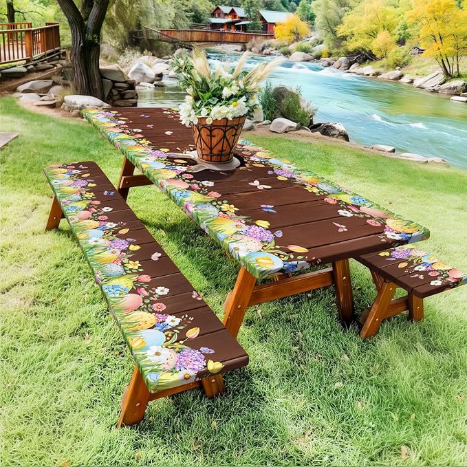Easter Picnic Table Cover with Bench Covers Elastic Edges, Cute Bunny Flower Brown Wood Fitted Table Cover, Outdoor Patio Camping Essentials, Waterproof Camping Fitted Tablecloth, 3PCS, 30x96 Inch