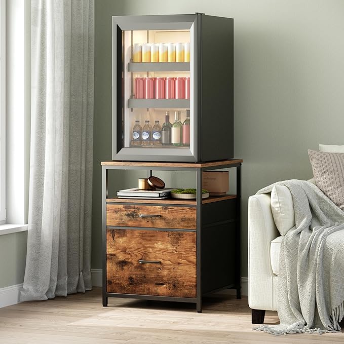Herture Mini Fridge Stand with 3 Storage, Mini Fridge Cabinet, Beverage Fridge Table, Heavy Duty 21.3" L* 22.7" W Tabletop, for Dorm, Apartment,Office, Bedroom Rustic Brown HB01BXN