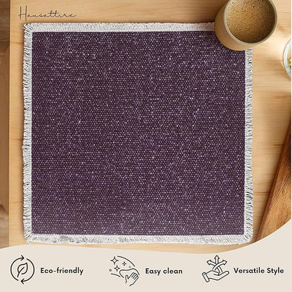 Hausattire Cotton Frayed Placemats Set of 6 Dining Table 14x14 Inch | Rustic Vintage Boho Washable Easter Placemat for Outdoor Parties BBQ's Spring, Holiday, Special Occasions, Nubby Cotton - Plum