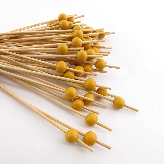 BambooMN Decorative Ball End Cocktail Fruit Sandwich Picks Skewers for Catered Events, Holiday's, Restaurants or Buffets Party Supplies - 5.9" Mustard Yellow, 100 Pcs