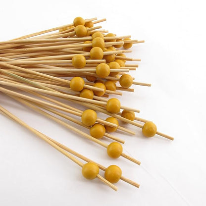 BambooMN Decorative Ball End Cocktail Fruit Sandwich Picks Skewers for Catered Events, Holiday's, Restaurants or Buffets Party Supplies - 5.9" Mustard Yellow, 100 Pcs