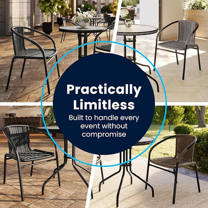 Flash Furniture Lila 23.5'' Square Glass Metal Table with 2 Black Rattan Stack Chairs | Durable Construction, Commercial Use