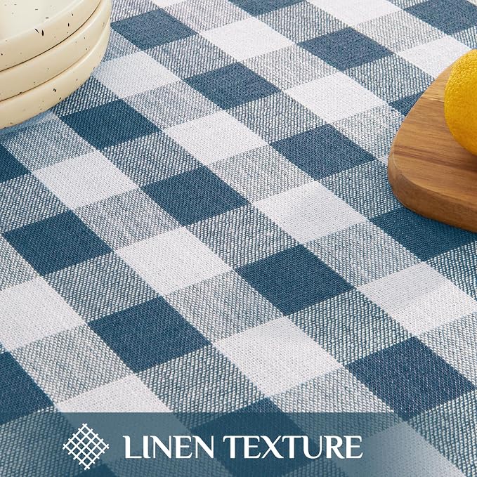 Softalker Checkered Tablecloth Rectangle, Outdoor Linen Cotton Gingham Table Cloth with Tassel, Heavy Duty Wrinkle Free Buffalo Plaid Table Cover for Kitchen Dining Summer Party - 55 x 102 Inch, Navy
