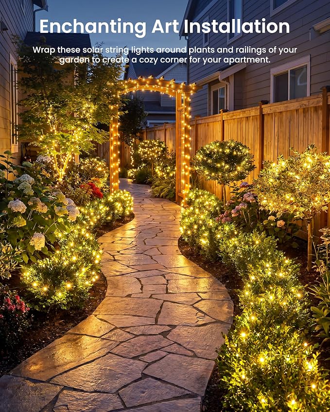 Solar String Lights, 2 Packs Total 66Ft 200 LED Fairy Lights with 8 Modes | Waterproof Twinkle Lights Outdoor & Indoor Solar Lights for Outside Patio Yard Tree Wedding Christmas Decor Warm White