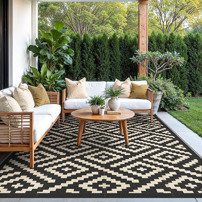 GENIMO Outdoor Rug, Waterproof Plastic Rugs for Patio, 5'x8' Black Beige | Outside Larger Modern Carpet Mat for Porch Decor, Deck, Balcony, Camping, RV, Backyard, Picnic, Beach, Reversible, Foldable