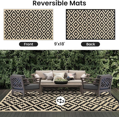 Smiry Outdoor Rug 9x18 ft Waterproof Reversible Boho Mat, Black & Beige | Polypropylene Plastic Straw, Quick Drying, Lightweight Foldable, for Patio, Deck, RV Camping, Backyard and Indoor Outdoor Use