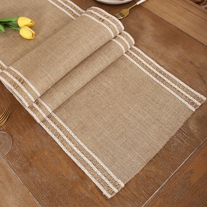 Burlap Table Runners 120 inch Natural Jute Table Runner Braided Table Runner Khaki Farmhouse Table Runner with Beige Lacework for Spring Summer Parties Everyday Holidays Dining Table