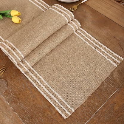 Burlap Table Runners 120 inch Natural Jute Table Runner Braided Table Runner Khaki Farmhouse Table Runner with Beige Lacework for Spring Summer Parties Everyday Holidays Dining Table