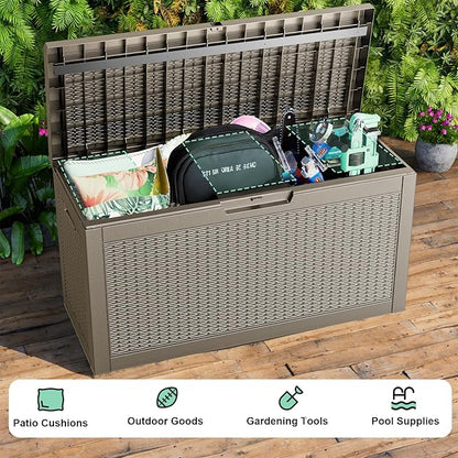 Waterproof Outdoor Storage Box, 70 Gallon Lockable Deck Box, UV-Resistant Outside Storage Bin With Hydraulic Lid For Patio Furniture, Cushion Organizer, Garden Tools, Pool Accessories, Grey