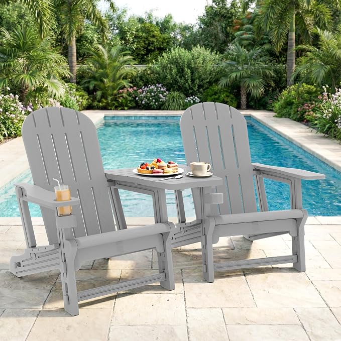 Shintenchi Adirondack Chairs Set of 2,HDPE Adirondack Chairs w/Removable Tablelop & Umbrella Hole,All-Weather Wooden Textured Plastic Outdoor Chairs w/Cup Holders for Garden Backyard Pool,Light Gray