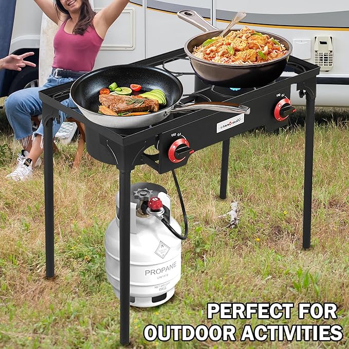 VIVICREATE Propane Grill 2 Burner Outdoor Propane Stove Portable Gas Grill High Pressure Camping Stove Double Burner Cooker for Camping Backyard BBQ Outdoor Cooking