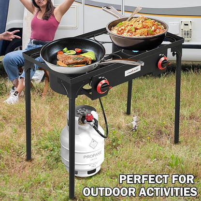 VIVICREATE Propane Grill 2 Burner Outdoor Propane Stove Portable Gas Grill High Pressure Camping Stove Double Burner Cooker for Camping Backyard BBQ Outdoor Cooking