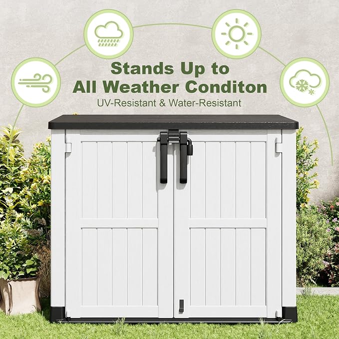 Plastic Outdoor Storage Shed, 36 Cu Ft Waterproof Outdoor Storage Cabinet with Dual Lock Door for Backyard, Patio, Garage, Garden to Store Tools & Accessories, Wood-Grain（Ashen