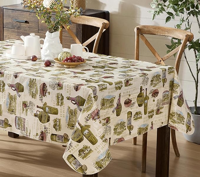 Newbridge 52 x 70 Inch Rectangle Vinyl Tablecloth with Flannel Backing, Lucca Olive Oil Print, Indoor Outdoor Waterproof Table Cover, Picnic, Barbeque, Patio and Kitchen Dining, Tuscan Countryside