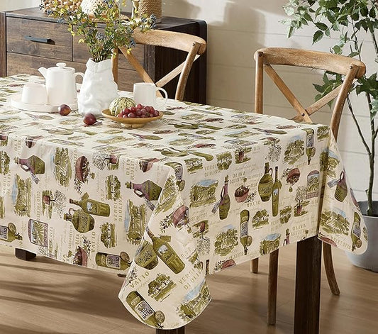 Newbridge 60 x 84 Inch Rectangle Vinyl Tablecloth with Flannel Backing, Lucca Olive Oil Print, Indoor Outdoor Waterproof Table Cover, Picnic, Barbeque, Patio and Kitchen Dining, Tuscan Countryside