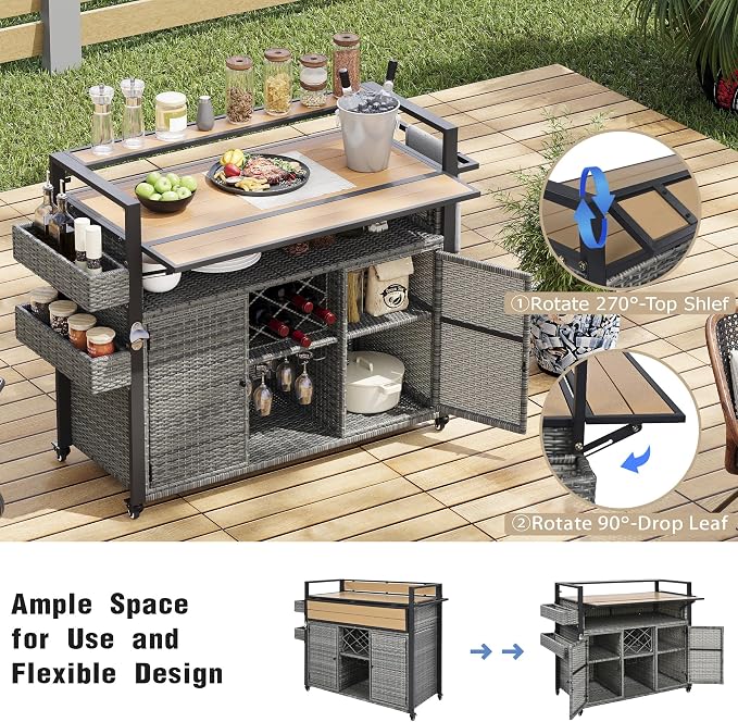 Outdoor Grill Cart BBQ Prep Station, Double Tabletop Rolling Wicker Kitchen Island with 7 Adjustable Shelves & Wine Rack, Weather-Resistant Storage Cabinet for Patio Backyard Garden, Gray