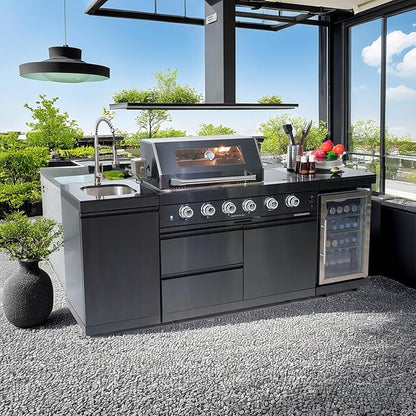 85 Inches 4-Burner 72,000 BTU Deluxe Stainless Steel Propane Gas Grill Outdoor Kitchen Island,Sink,Beverage Refrigerator Storage & Rotisserie Kit for Patio Backyard Cooking,Black