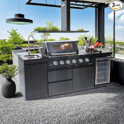 BBQ Island Outdoor Kitchen Kits 4-Burner 72000 BTU Stainless Steel Modular 85.4 Inch Propane Gas Outdoor Kitchen Bar Barbecue Island Grill with Refrigerator and Sink for Patio Backyard