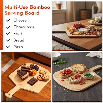 Wooden Pizza Peel 12 Inch Board with Engraved Sizes - Multi-Purpose Bamboo Pizza Cutting Board, Wood Pizza Peel, Pizza Spatula Paddle, and Serving Board with Size and Cutting Guide