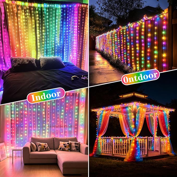 Solar Curtain Lights Outdoor Waterproof, 300LED 9.8x9.8FT Fairy String Lights with USB-C & Solar Charging, Remote Timer Twinkle Waterfall Lights for Patio Garden Wedding Decor (Colorful)