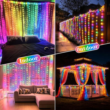 Solar Curtain Lights Outdoor Waterproof, 300LED 9.8x9.8FT Fairy String Lights with USB-C & Solar Charging, Remote Timer Twinkle Waterfall Lights for Patio Garden Wedding Decor (Colorful)
