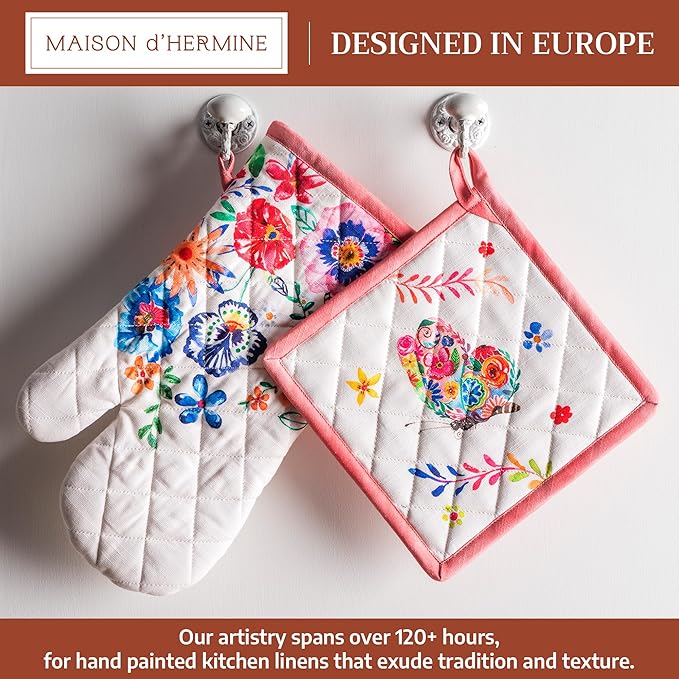 Maison d' Hermine 100% Cotton Oven Mitt & Pot Holder Set (7.5"x13" & 8"x8") Heat Resistant BBQ Cooking Gloves with Loop Baking Kitchen Hotel Home Farmhouse Spring Summer (Happy Florals - High Summer)