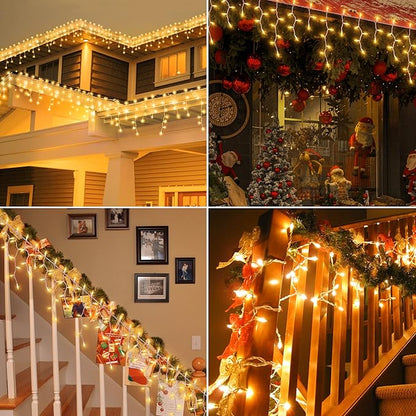 200 Christmas Icicle Lights, Warm White Clear Bulbs with 23FT Long White Wire, Professional Grade String Lights for Indoor & Outdoor,Xmas,Party, Patio, Courtyard, Window, Fence, Trees Decor