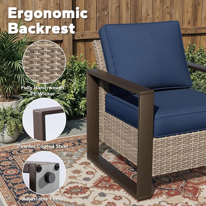 Joyside Outdoor Patio Chairs, 6 Pieces Wicker Rattan Furniture Set, 4 Patio Chairs and 2 Ottoman, Metal Wide Armrest, Thick Cushions and Deep Seating for Garden, Backyard, Porch, Deck