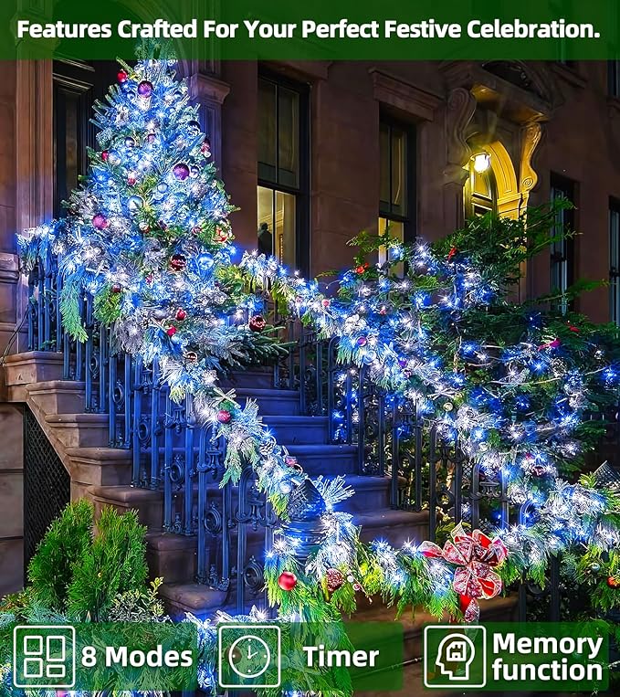 QUHUATU LED String Lights Christmas Decorations,8 Lightsing Modes Christmas Lights with Timer Functions for Tree Indoor Outdoor Decorr 1500 LED 492FT Blue & White