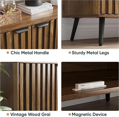 Semiocthome Walnut Buffet Cabinet with Storage, Sideboard Cabinet with Fluted Doors and Metal Legs, Storage Cabinet with Adjustable Shelf, Accent Table for Living Room, Dining Room, Kitchen, Entryway