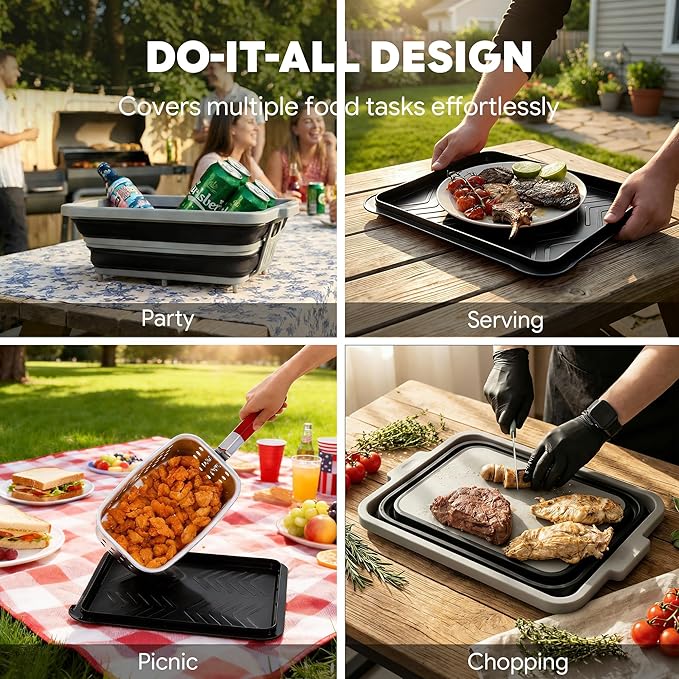 Feasto Collapsible BBQ Prep Tubs with Cutting Board, 9-IN-1, 2 Tubs Portable Grill Prep Station with Side Brackets, Lids, Knives, Meat Claws and Drain Rack, Space-Saving for Kitchen & Camping, Black
