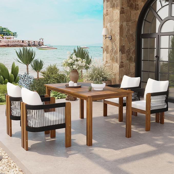 Merax Luxury 5-Piece Outdoor Patio Dining Set for 4, Solid Acacia Wood Dinning Set with Rope Woven Chairs,Farmhouse Dining Furniture Set for Garden, Backyard, Poolside, Brown+Black
