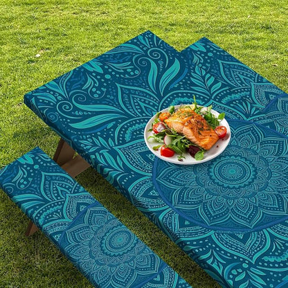 Picnic Table Cover with Bench Covers Elastic Edges, Boho Teal Camper Fitted Table Cover, Outdoor Camping Essentials 72 Inch 3PCS, Waterproof Camping Fitted Tablecloth with Drawstring Bag