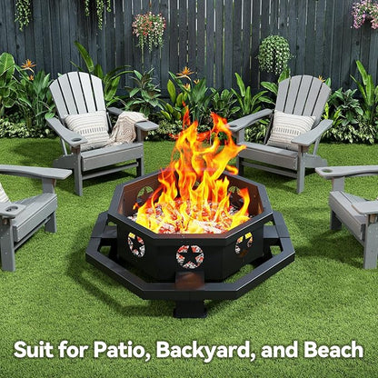 43 Inch Fire Pit for Outside Wood Burning, Outdoor Octagonal Fire Pit with Poker, Large Firepit for Camping, Backyard, Patio, Black