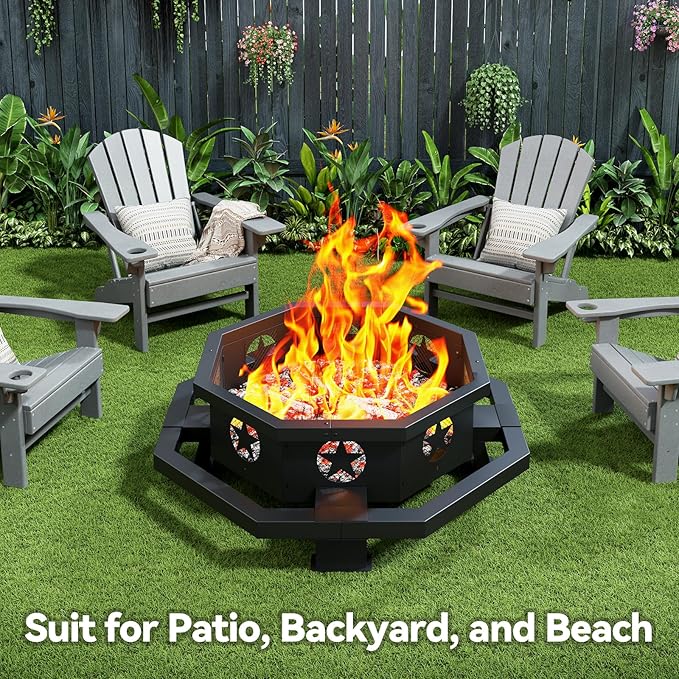 45 Inch Fire Pit for Outside Wood Burning, Outdoor Octagonal Fire Pit with Poker, Large Firepit for Camping, Backyard, Patio, Black