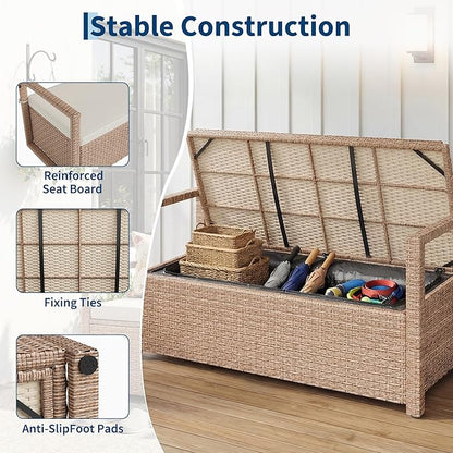 Outdoor Storage Bench with Cushion, Hand-Woven Yellow Wicker Deck Box with Backrest, Large Capacity Patio Storage Seat, Waterproof All-Weather Rattan Bench for Garden, Porch, Poolside