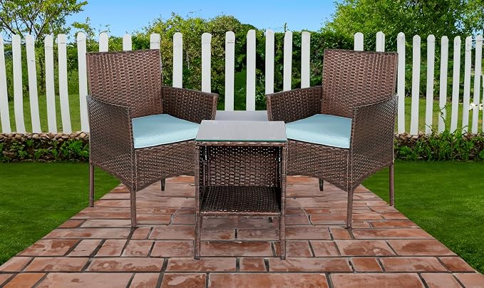 Outdoor Wicker Patio Conversation 3 Piece Bistro Set Garden Yard Porch Furniture Space Saving Rattan Two Chairs Cushions Side Storage Tempered Glass Table Brown 3pc Set
